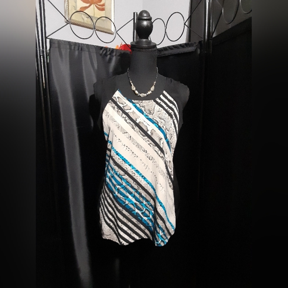 Alfani Women's Black and Blue Patterned Tank Top Size 6P Whimsigorh Whimsical